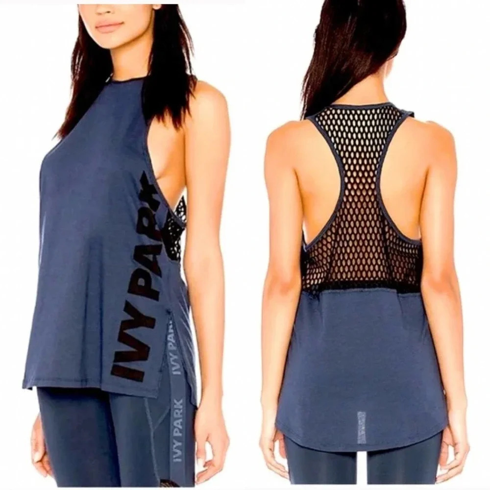 Ivy Park Mesh Racerback Tank Top Navy Blue & Black Logo Size Small